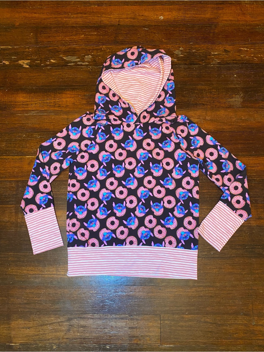 LIKE NEW Handmade Small Shop Disney Stitch & Donuts Printed Pullover Hoodie